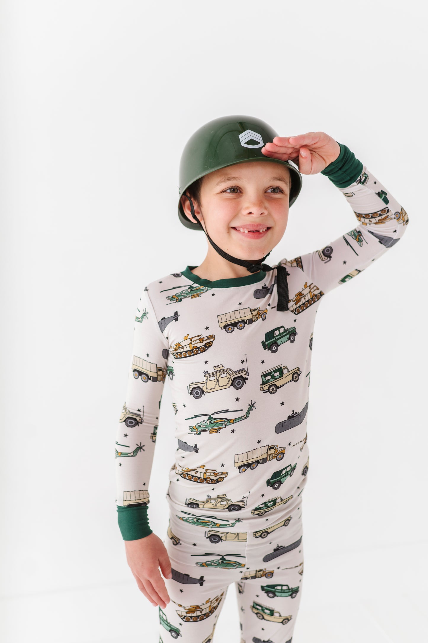 Boy in Military Vehicle Pajamas