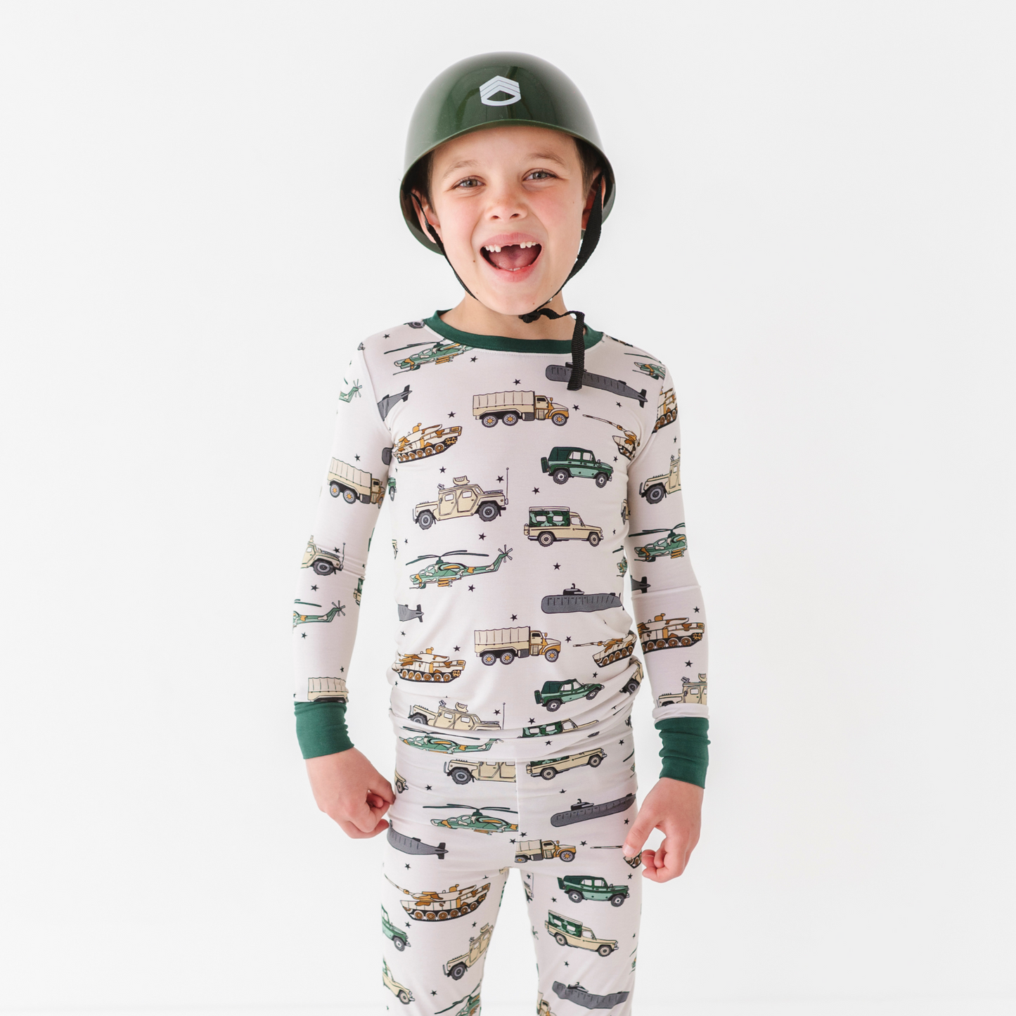 Boy in Military Vehicle Pajamas