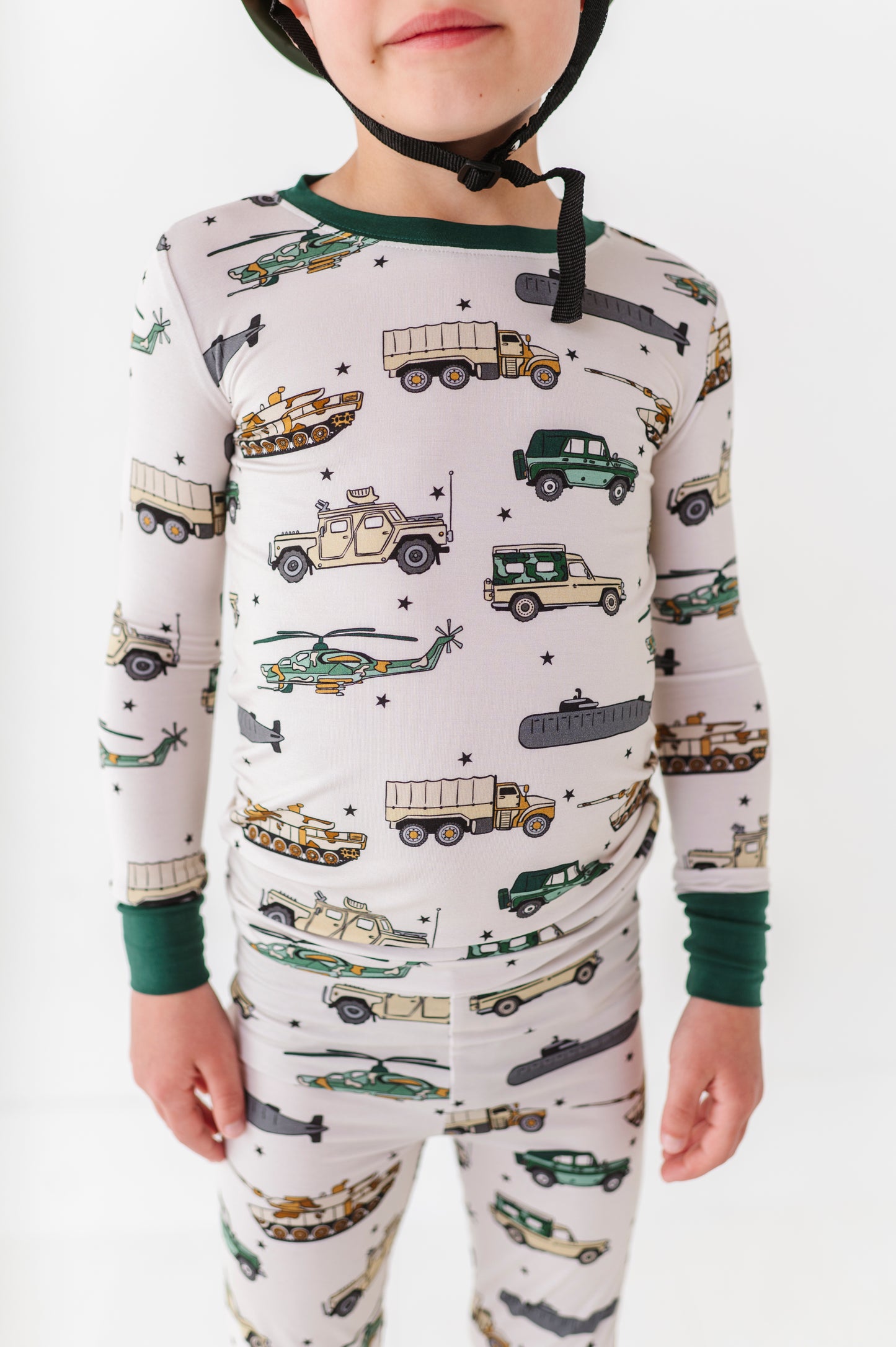 Boy wearing Military Vehicle Pajamas
