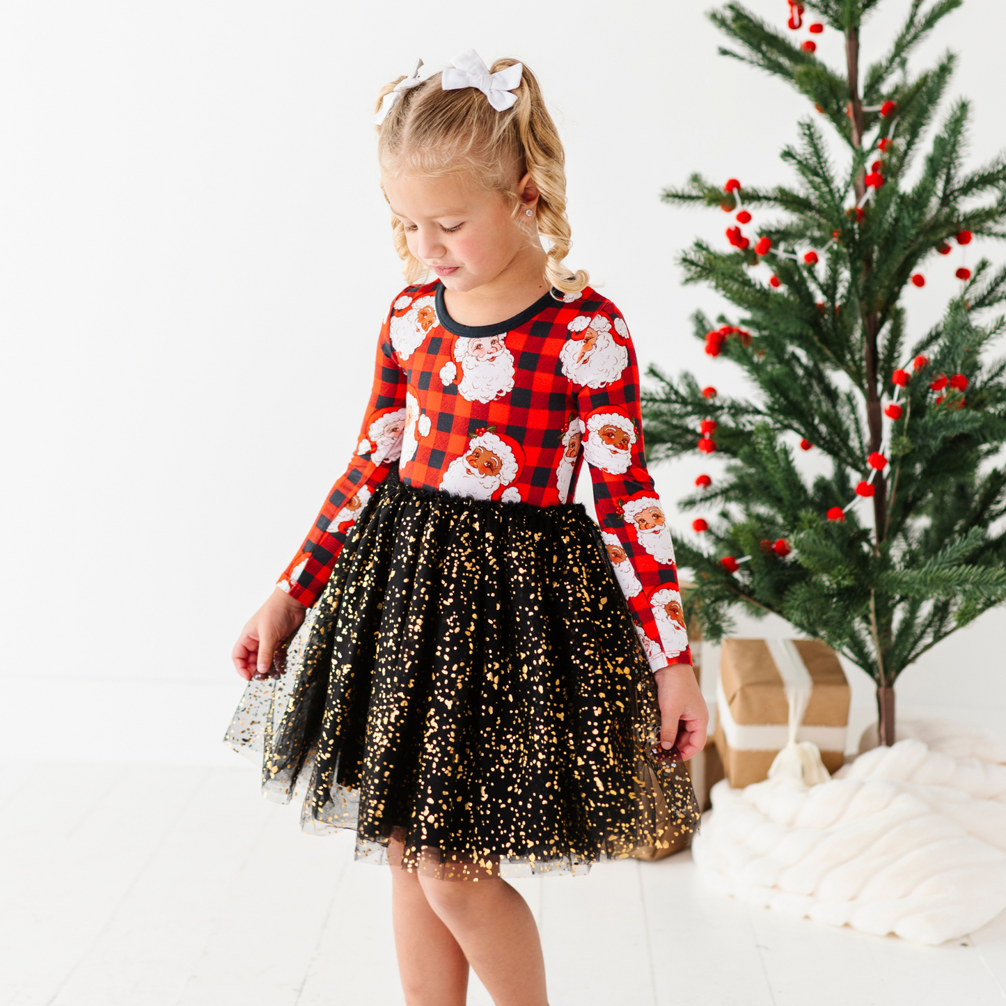 Girl in Santa Christmas dress with foil tulle by Kiki and Lulu