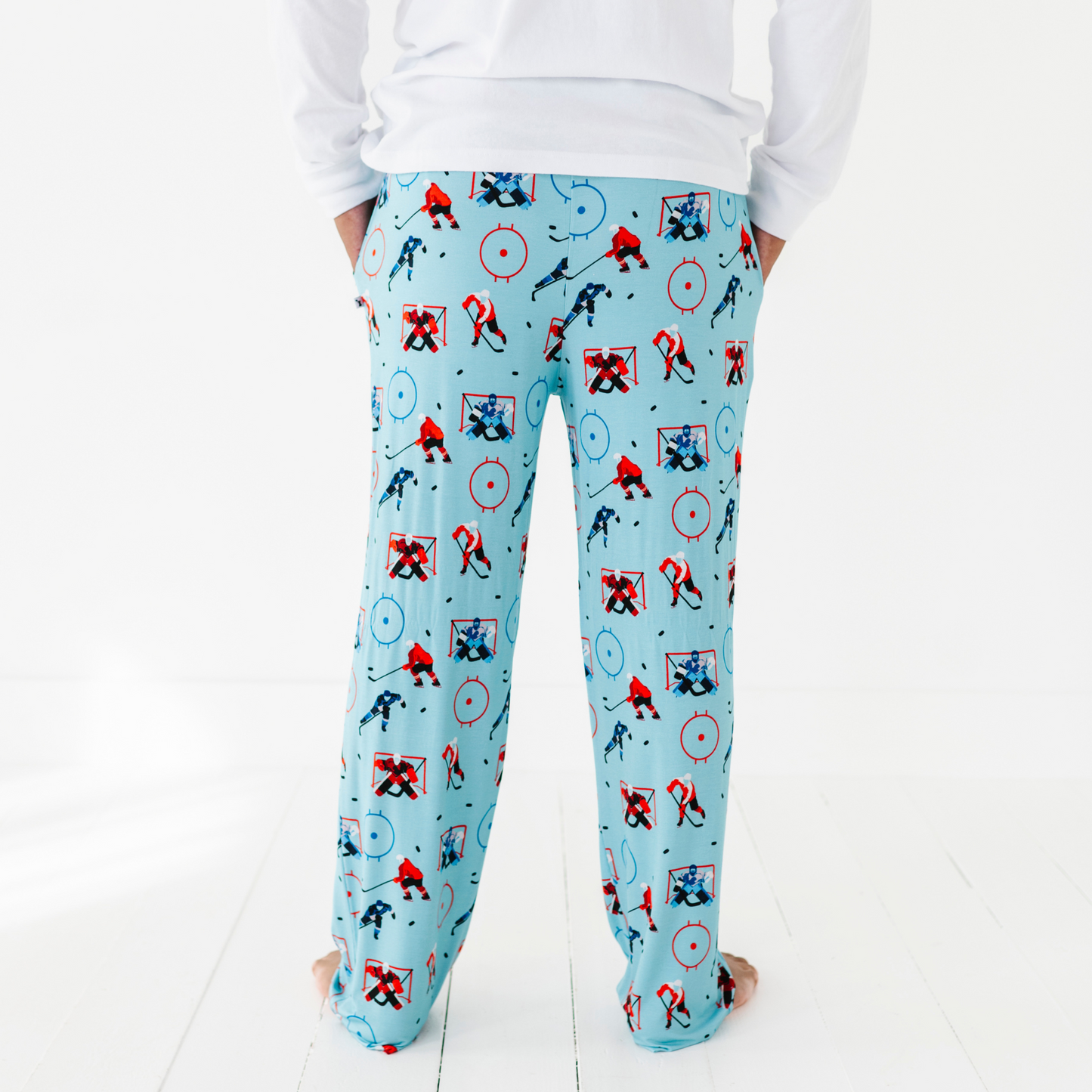 Man in hockey pajama pants