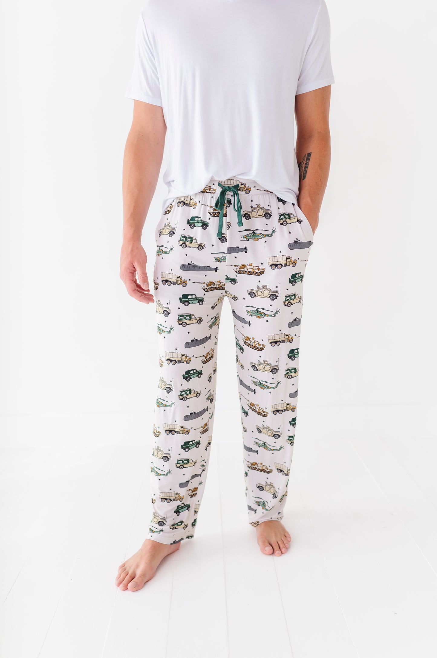 Dad wearing military vehicle pajamas