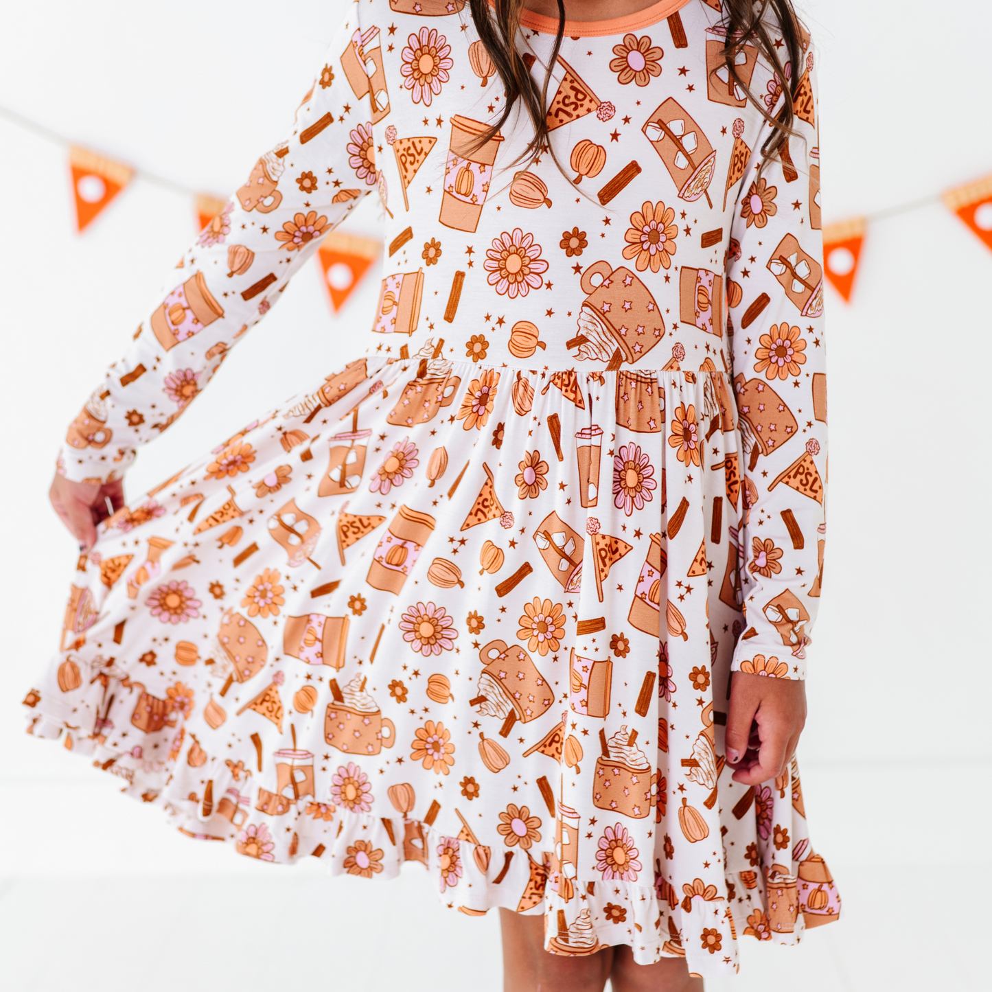 Girl in Pumpkin Spice Latte Dress by Kiki and Lulu