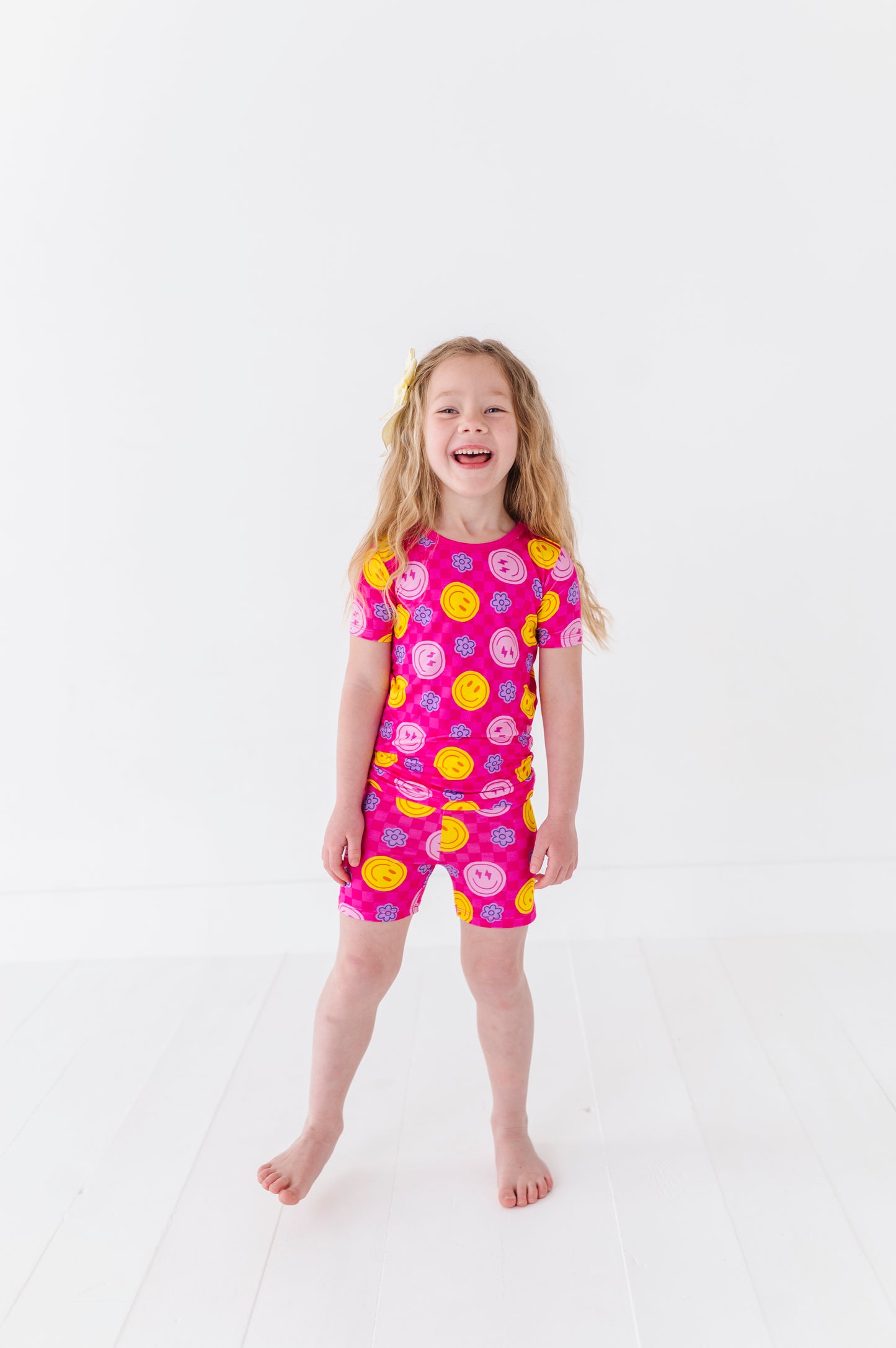 Neon Pink Smiley Girl Pajamas by Kiki and Lulu