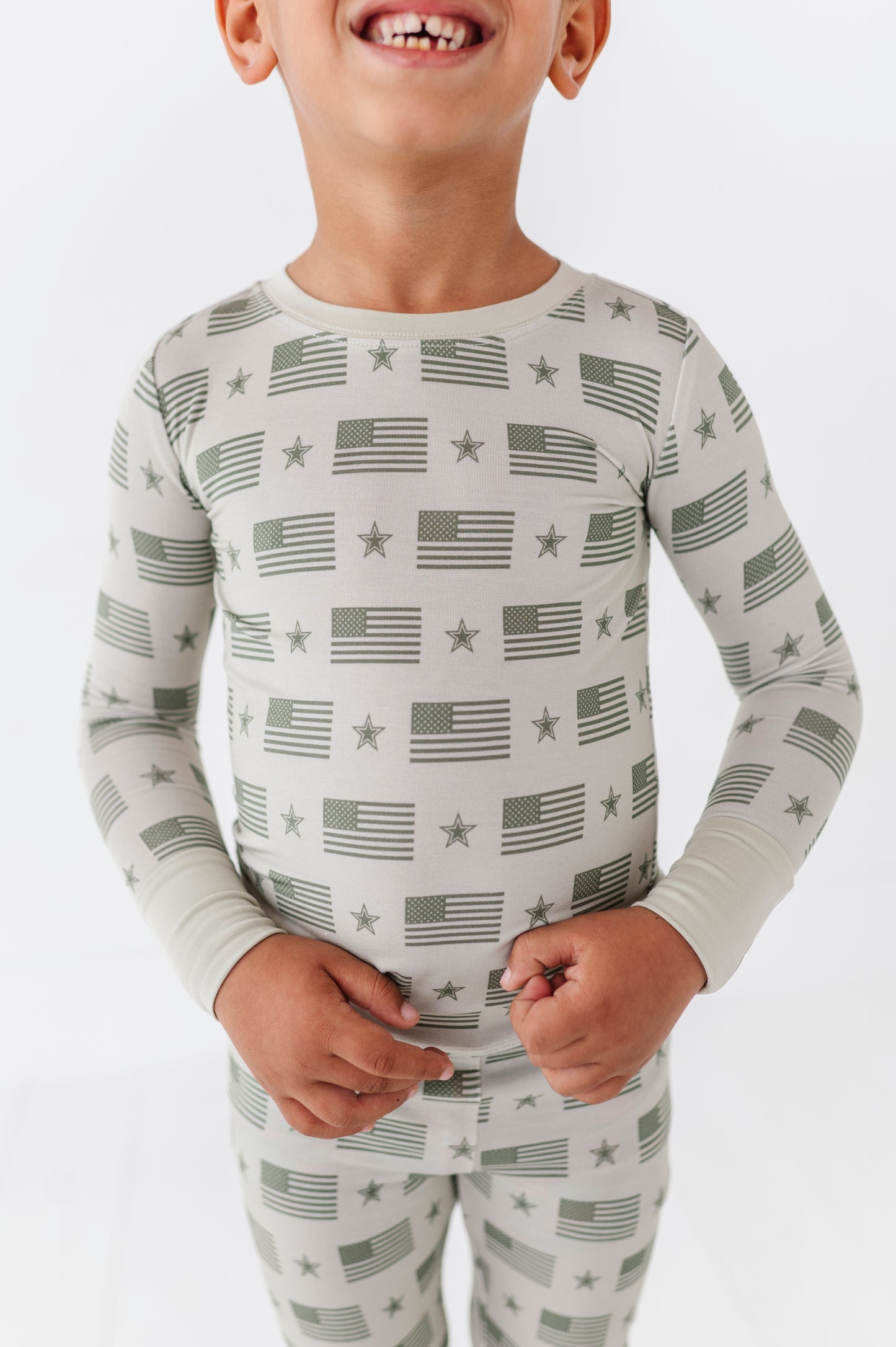 Boy wearing Military Flag Pajamas