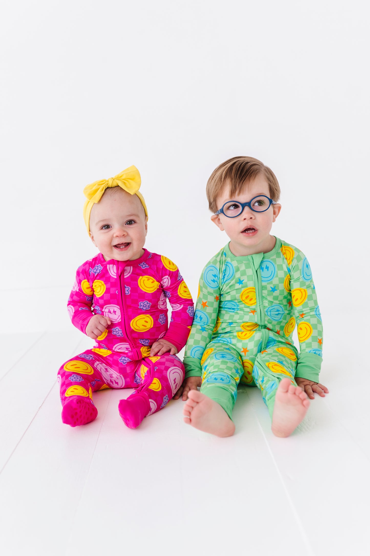 Kids in Matching smiley pajamas