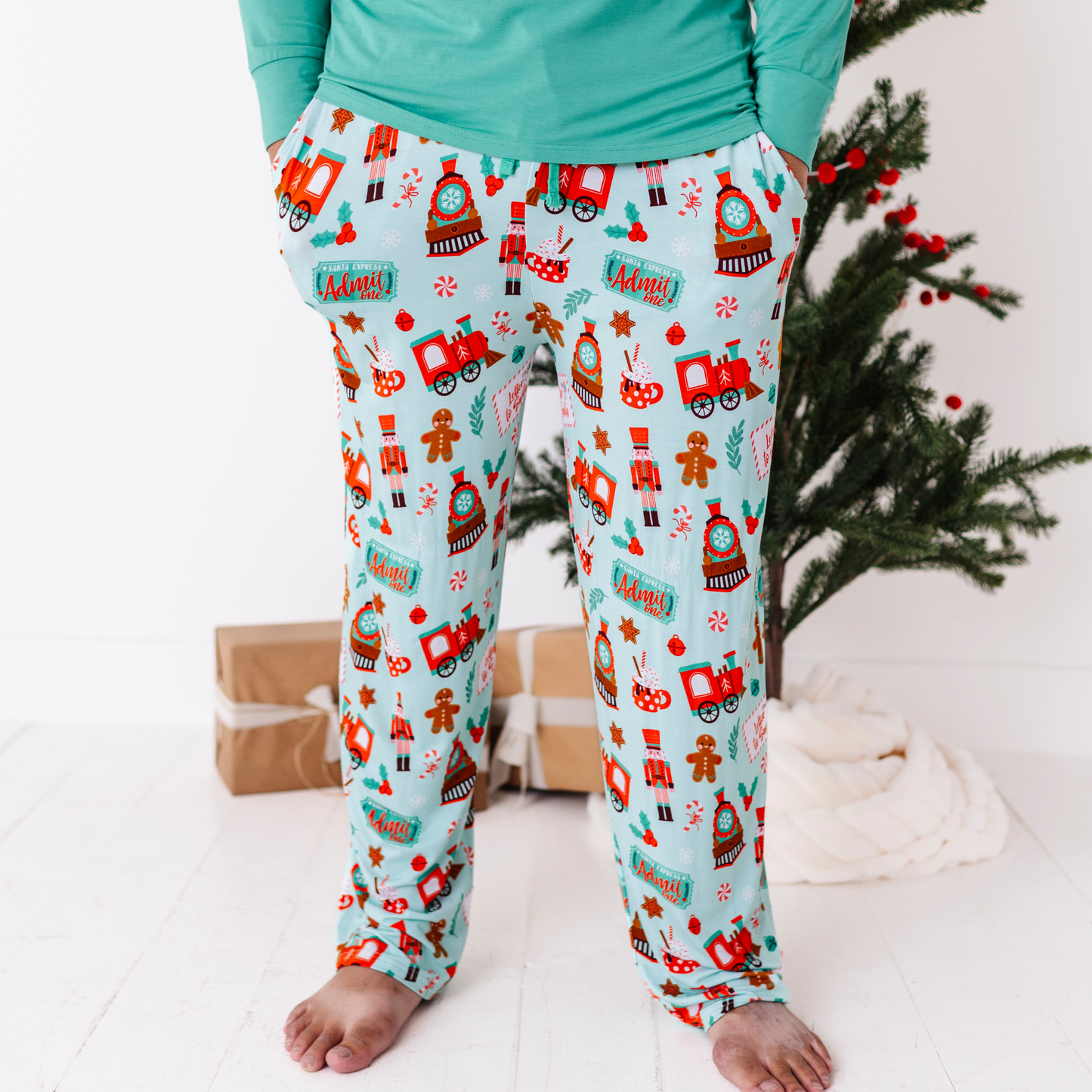 Man in Polar Express pajamas