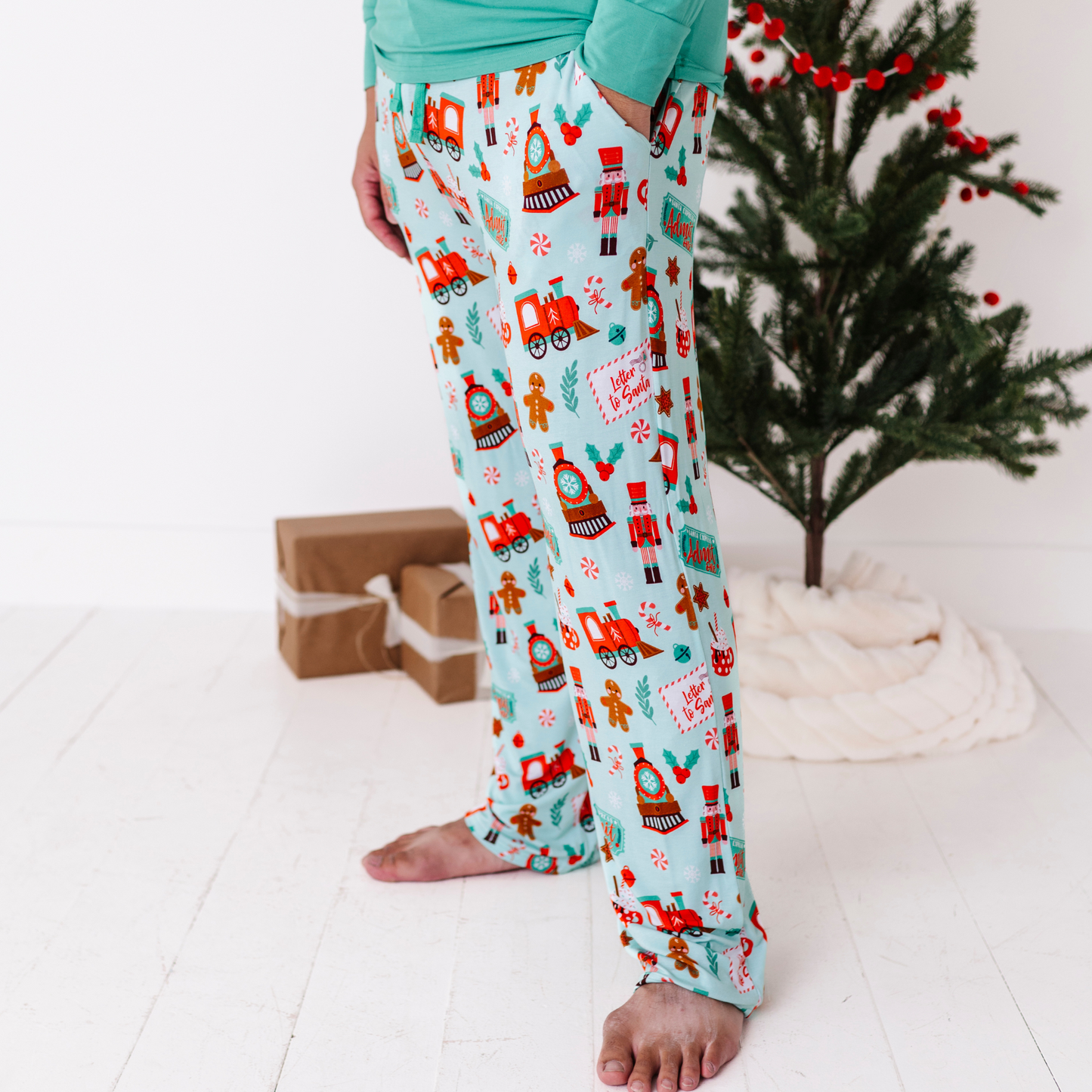Man in Polar Express pajamas