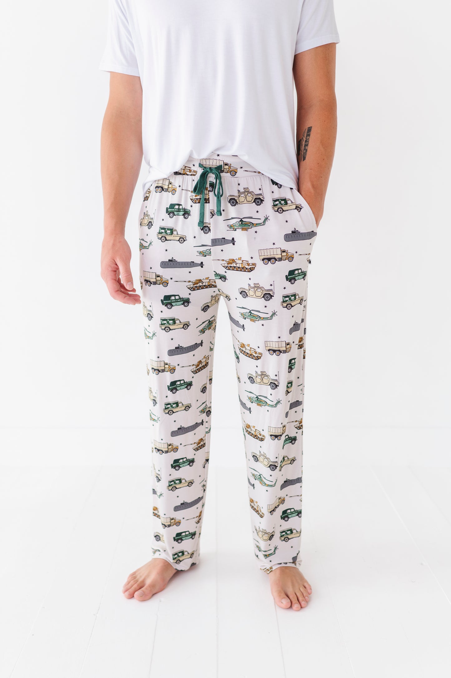 Man sporting  military vehicle pajamas