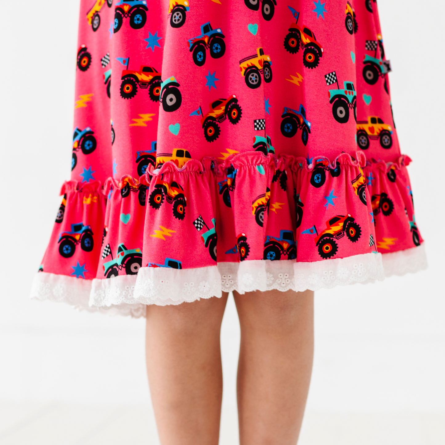 Girl in Monster Truck nightgown by Kiki and Lulu