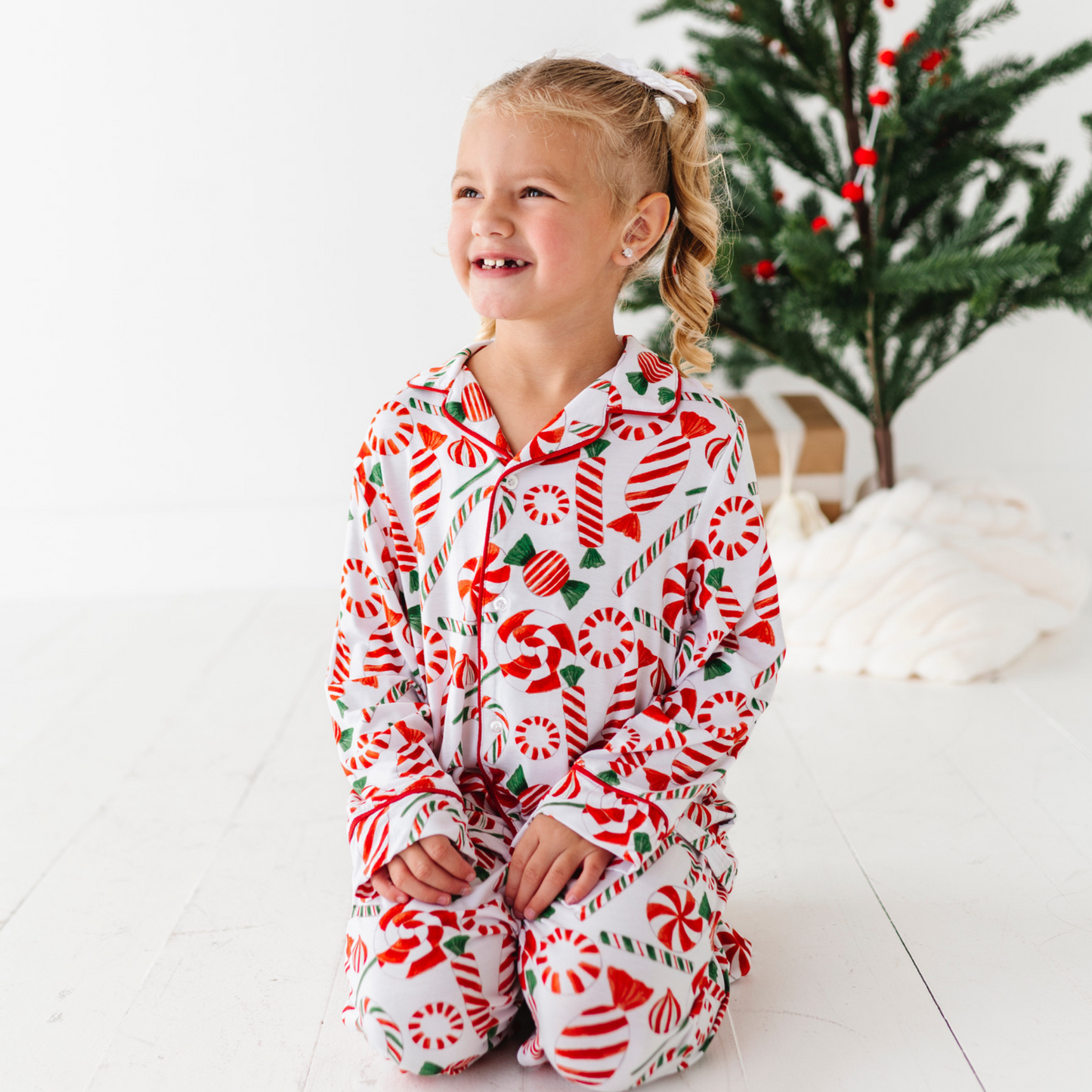 Girl in Peppermint Button Down Pajamas by Kiki and Lulu