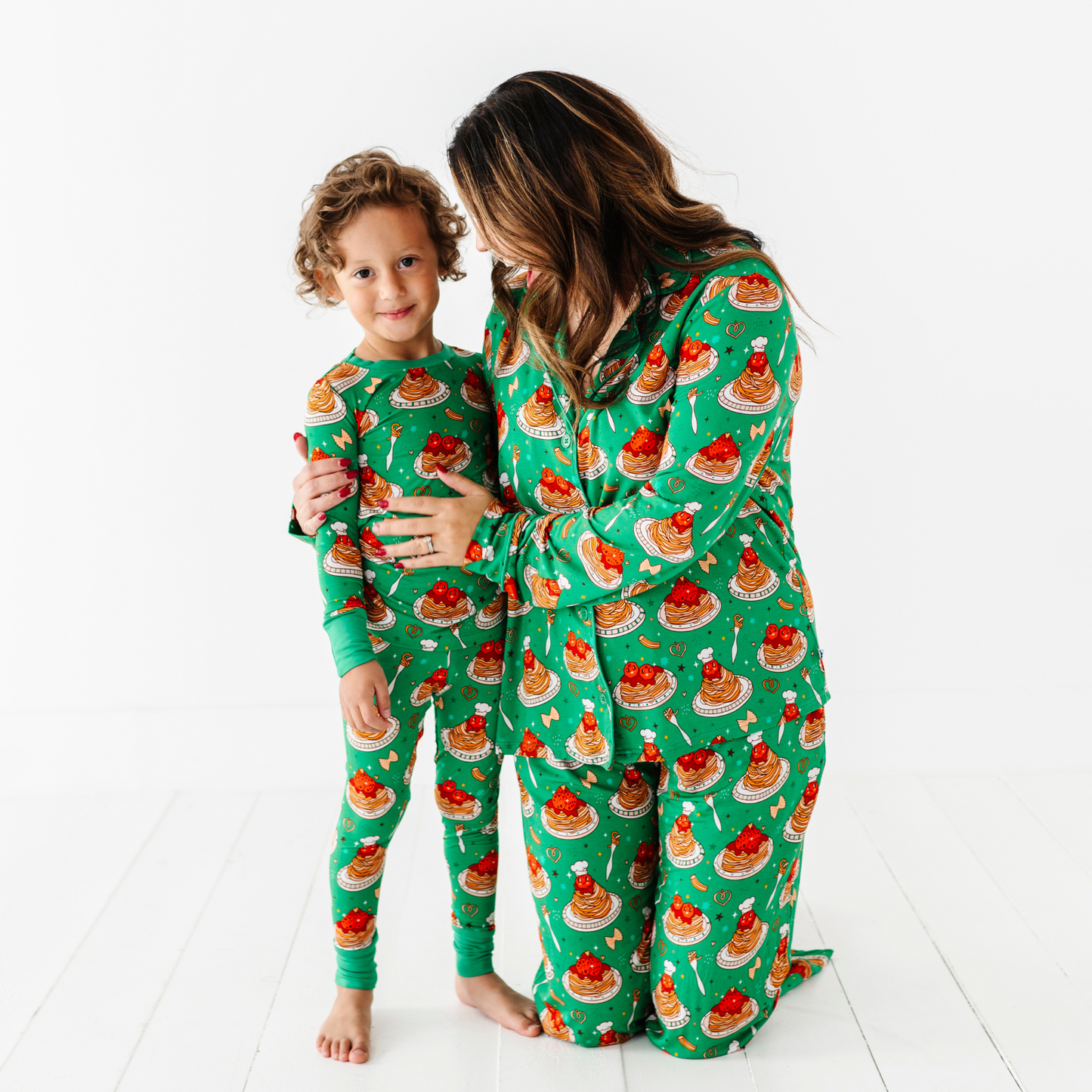 Mom wearing spaghetti pajamas by Kiki and Lulu