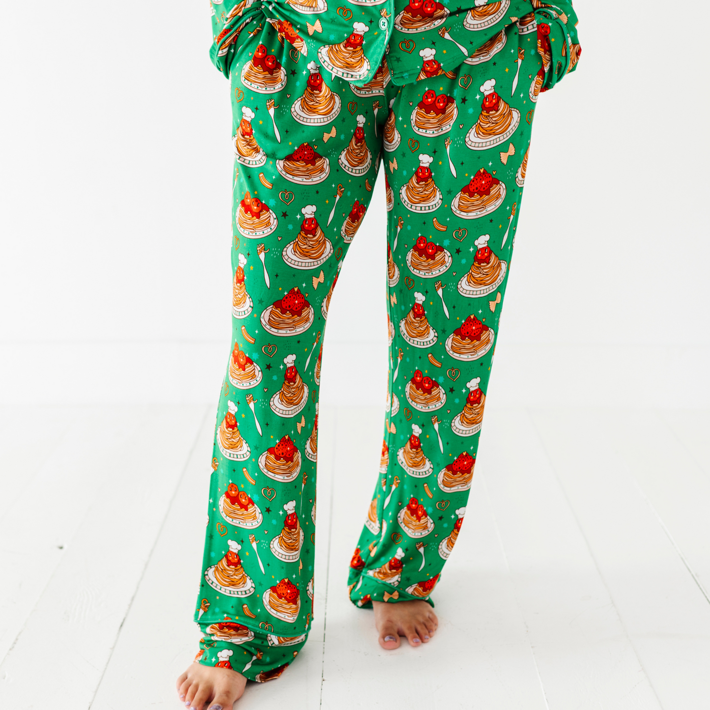 Mom wearing spaghetti pajamas by Kiki and Lulu