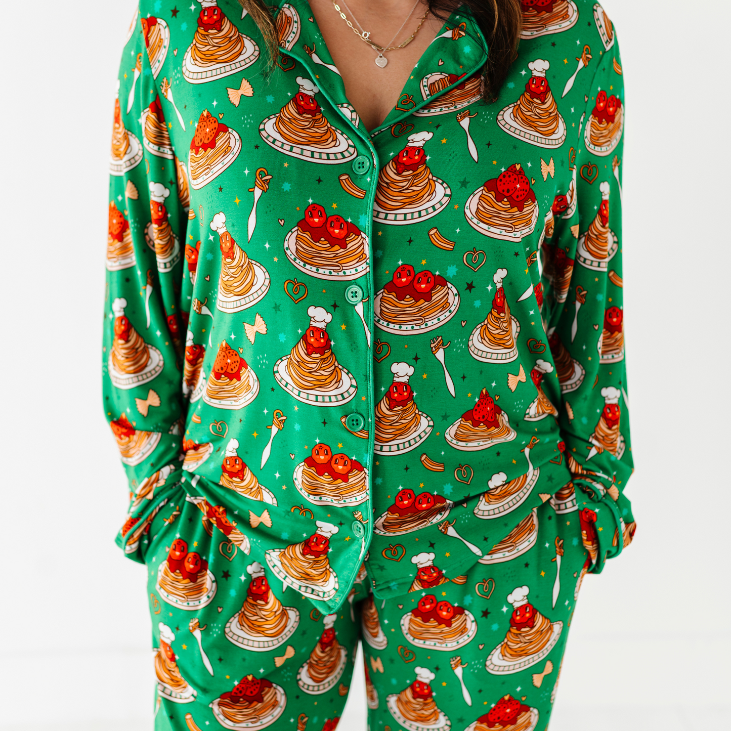 Mom wearing spaghetti pajamas by Kiki and Lulu