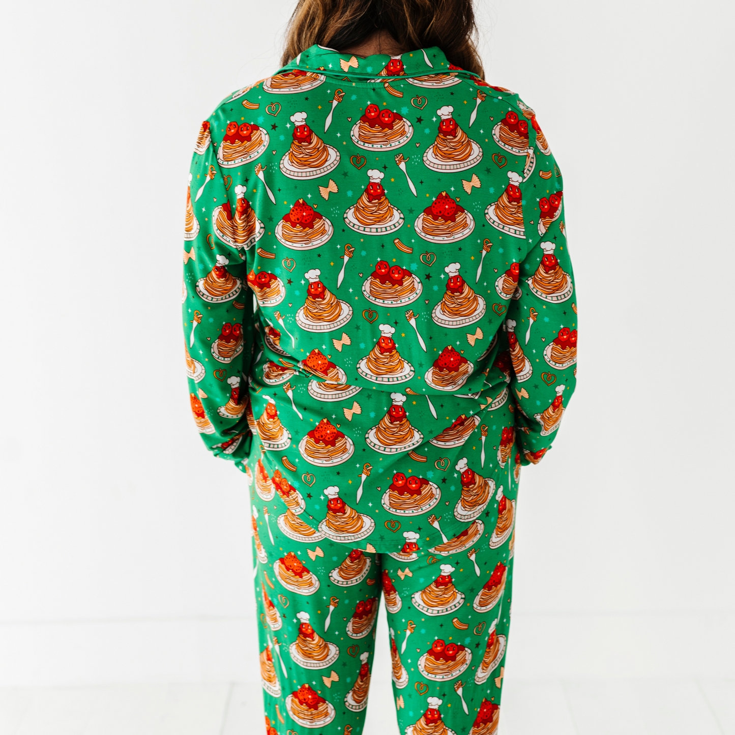 Mom wearing spaghetti pajamas by Kiki and Lulu