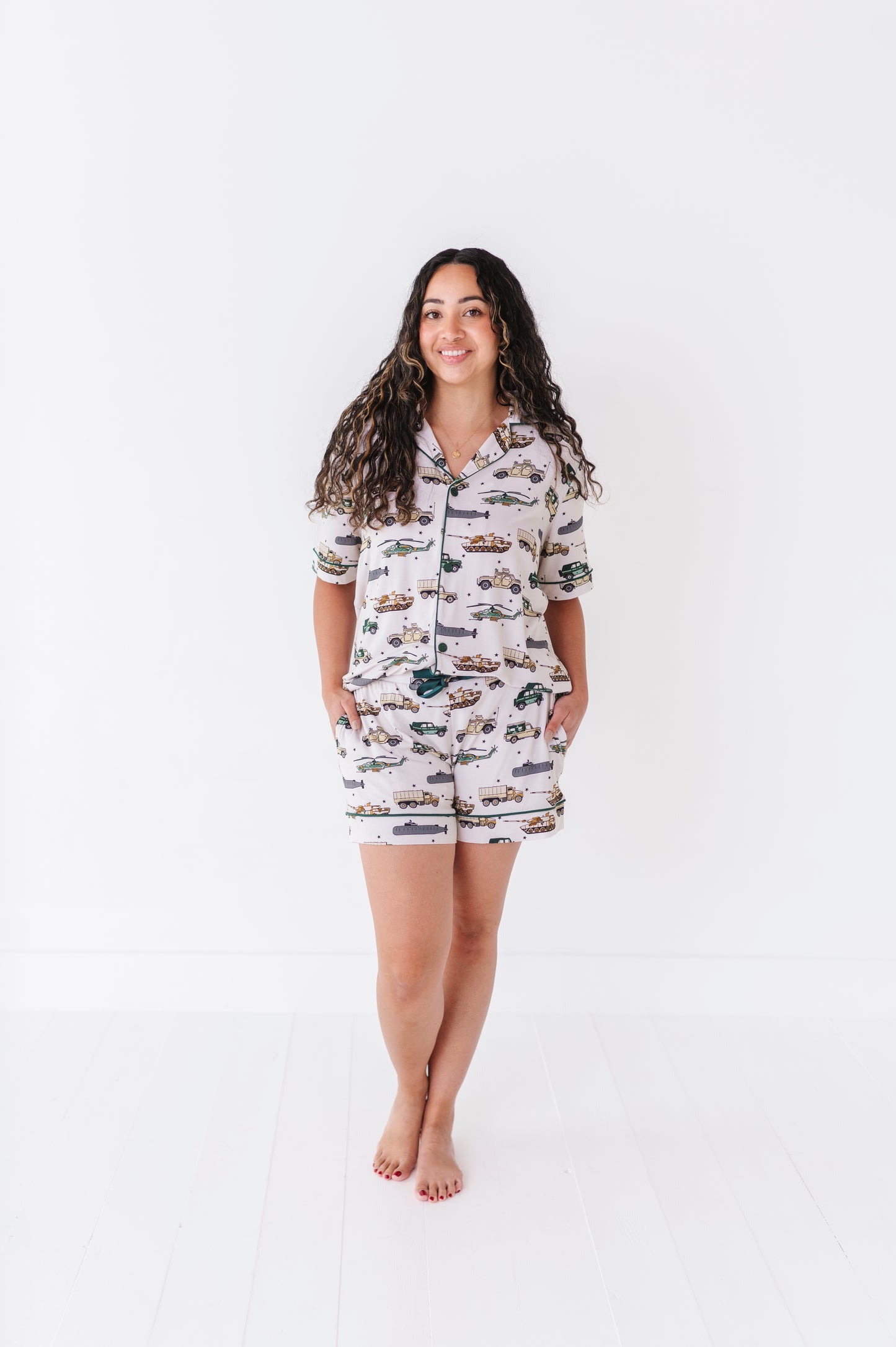 Woman sporting Military Vehicle Short Pajamas