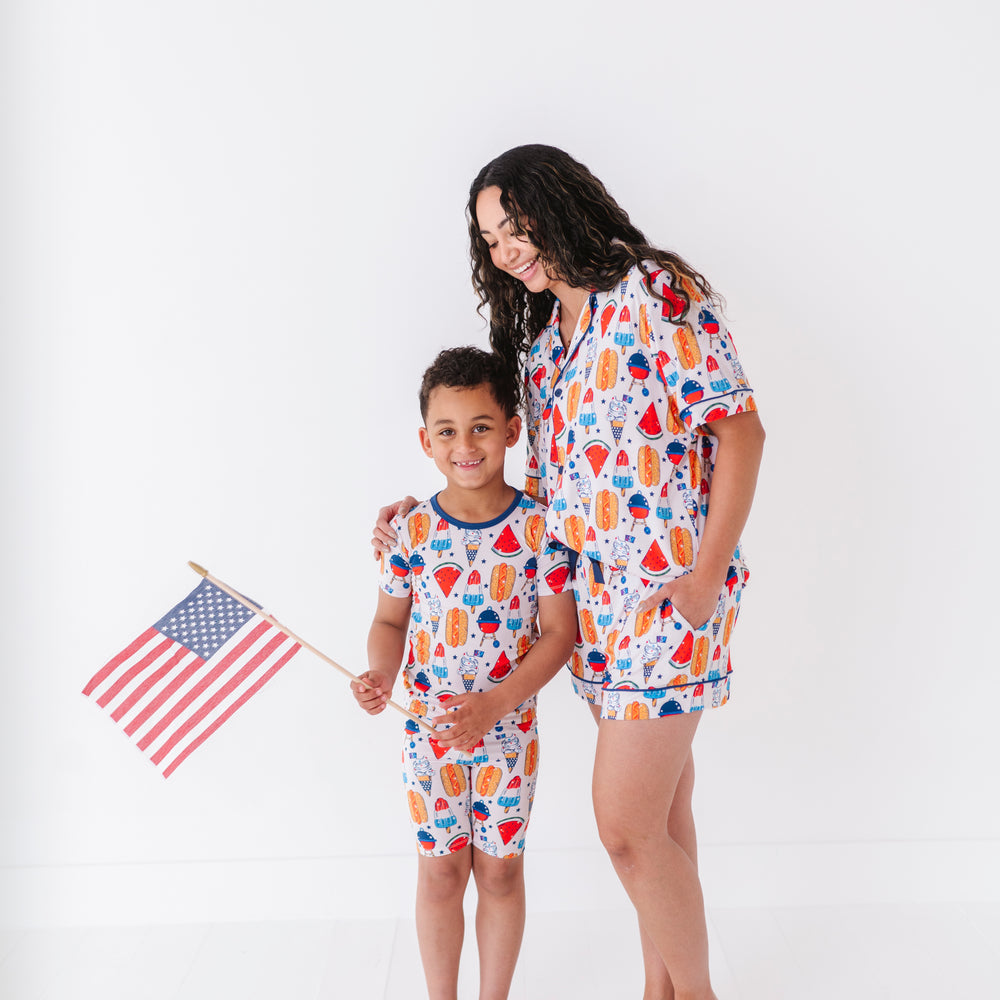 
                      
                        Mom wearing 4th of July hot dog pajamas made from soft bamboo fabric, perfect for matching family sets
                      
                    