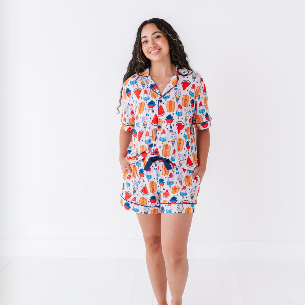Mom wearing 4th of July hot dog pajamas made from soft bamboo fabric, perfect for matching family sets