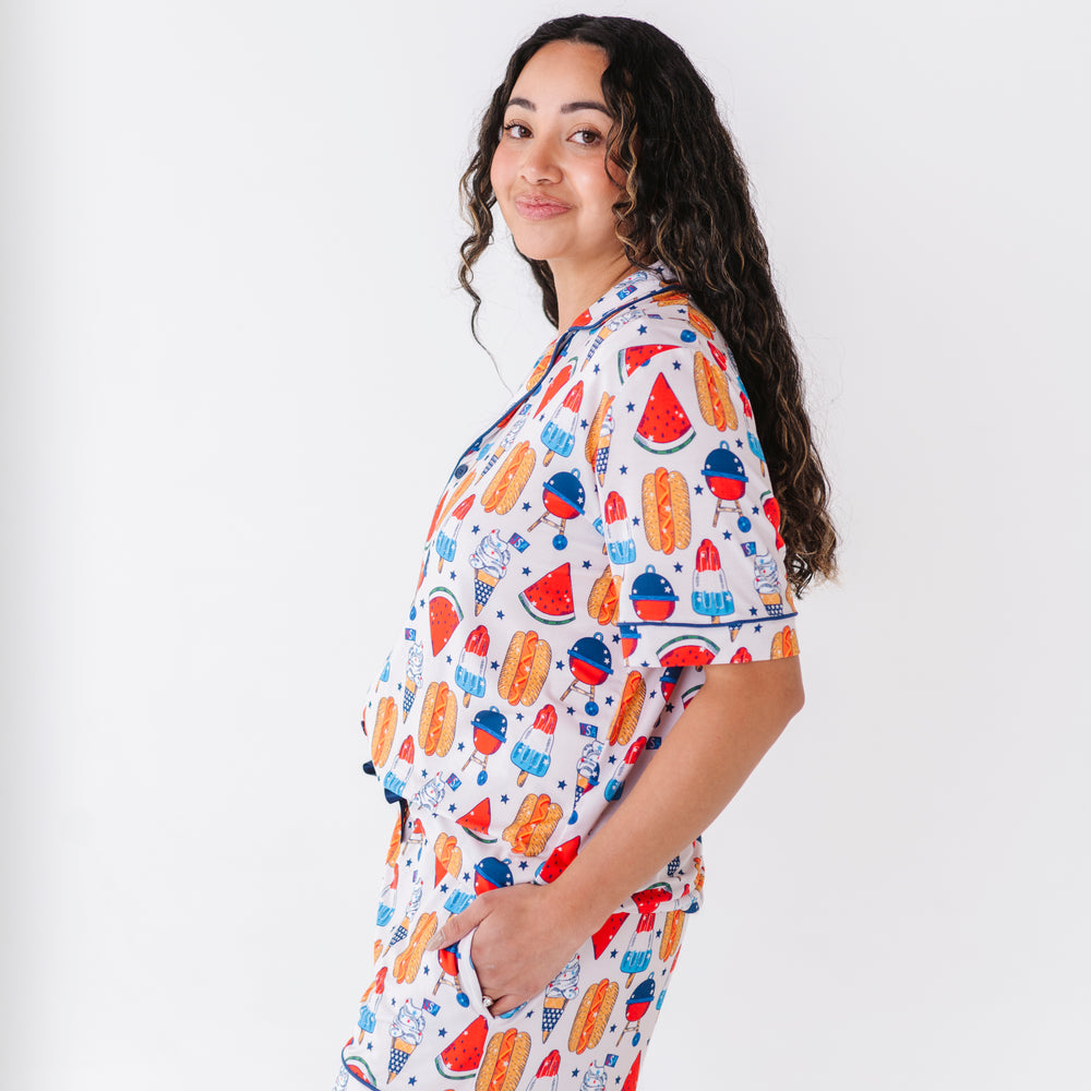 
                      
                        Mom wearing 4th of July hot dog pajamas made from soft bamboo fabric, perfect for matching family sets
                      
                    