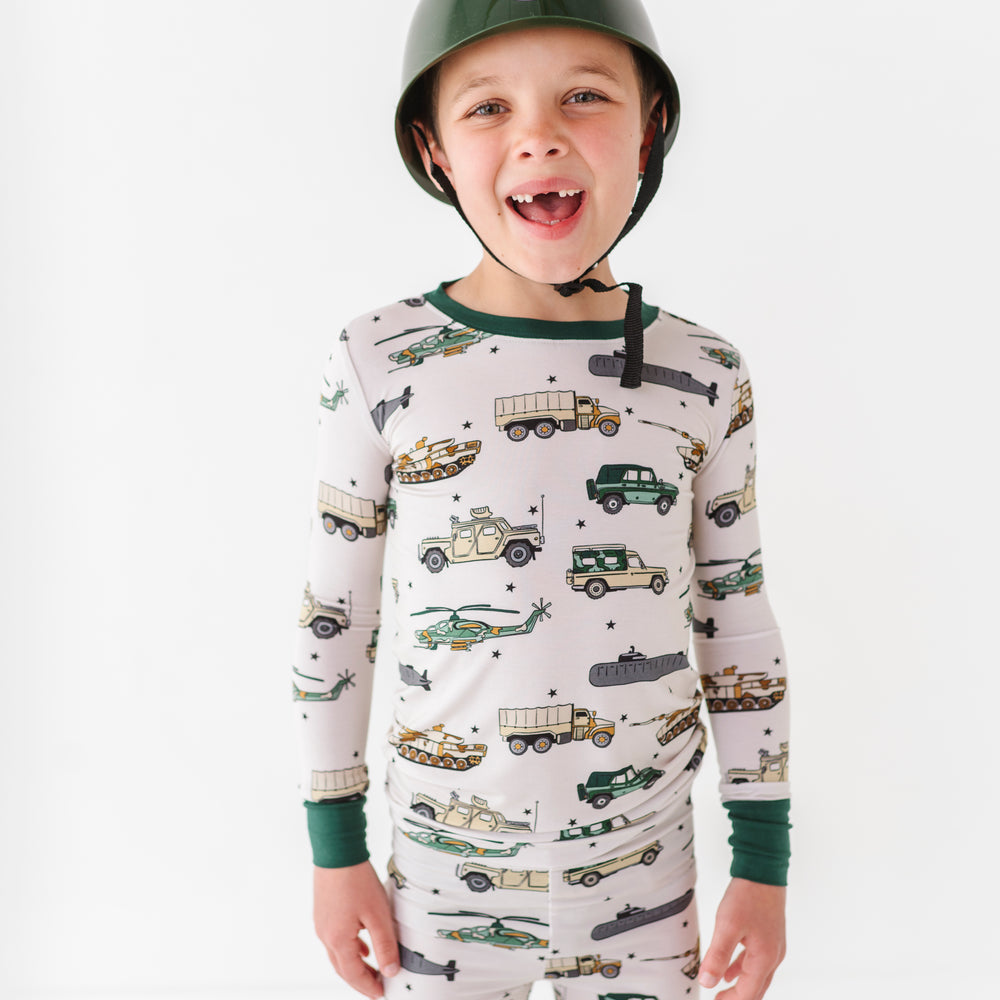 
                      
                        Boy rocking Military Vehicle Pajamas
                      
                    