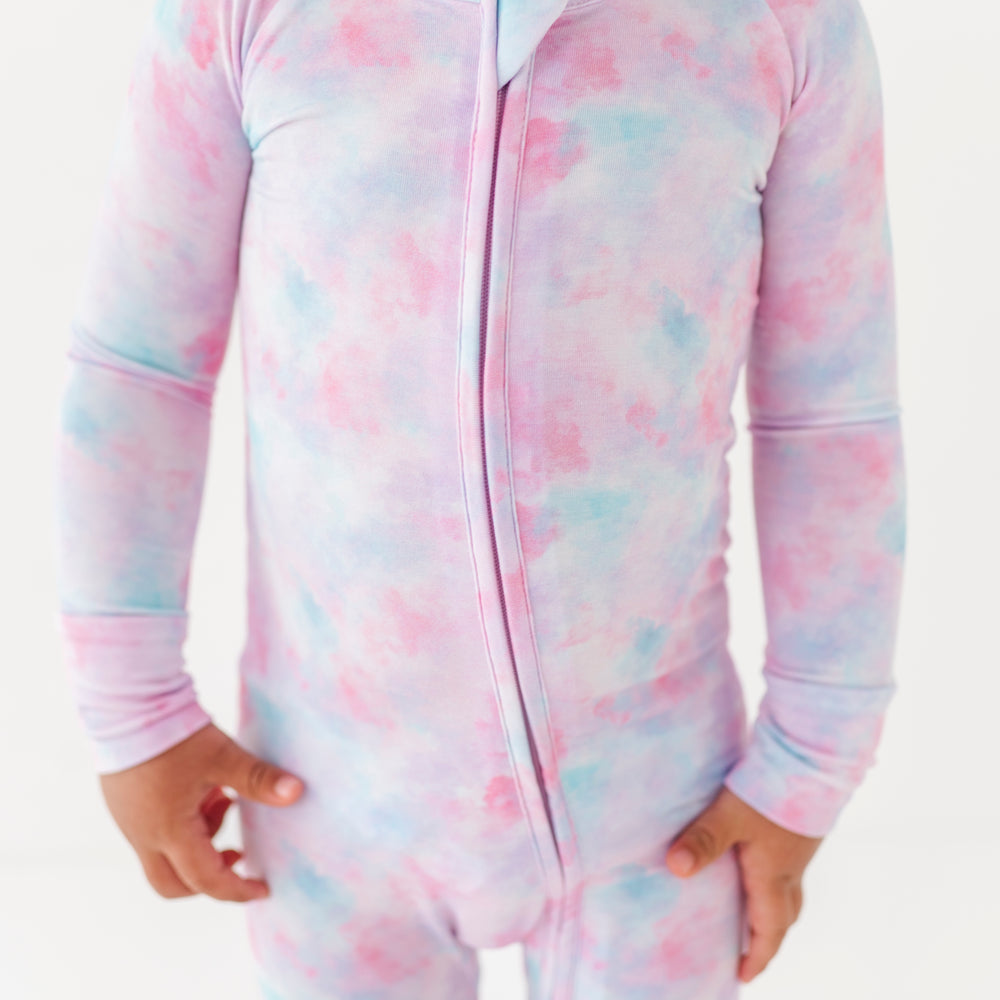 Girl in tie dye convertible footies by Kiki and Lulu