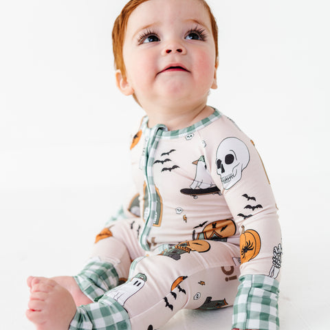 Kids Halloween PJs and footies for siblings in soft bamboo fabric