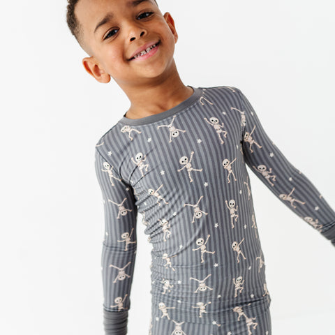 Kids Halloween PJs with skeleton for siblings in soft bamboo fabric