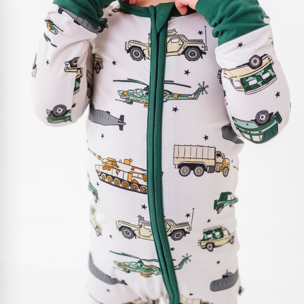 Boy in Military Vehicle Zip Pajamas