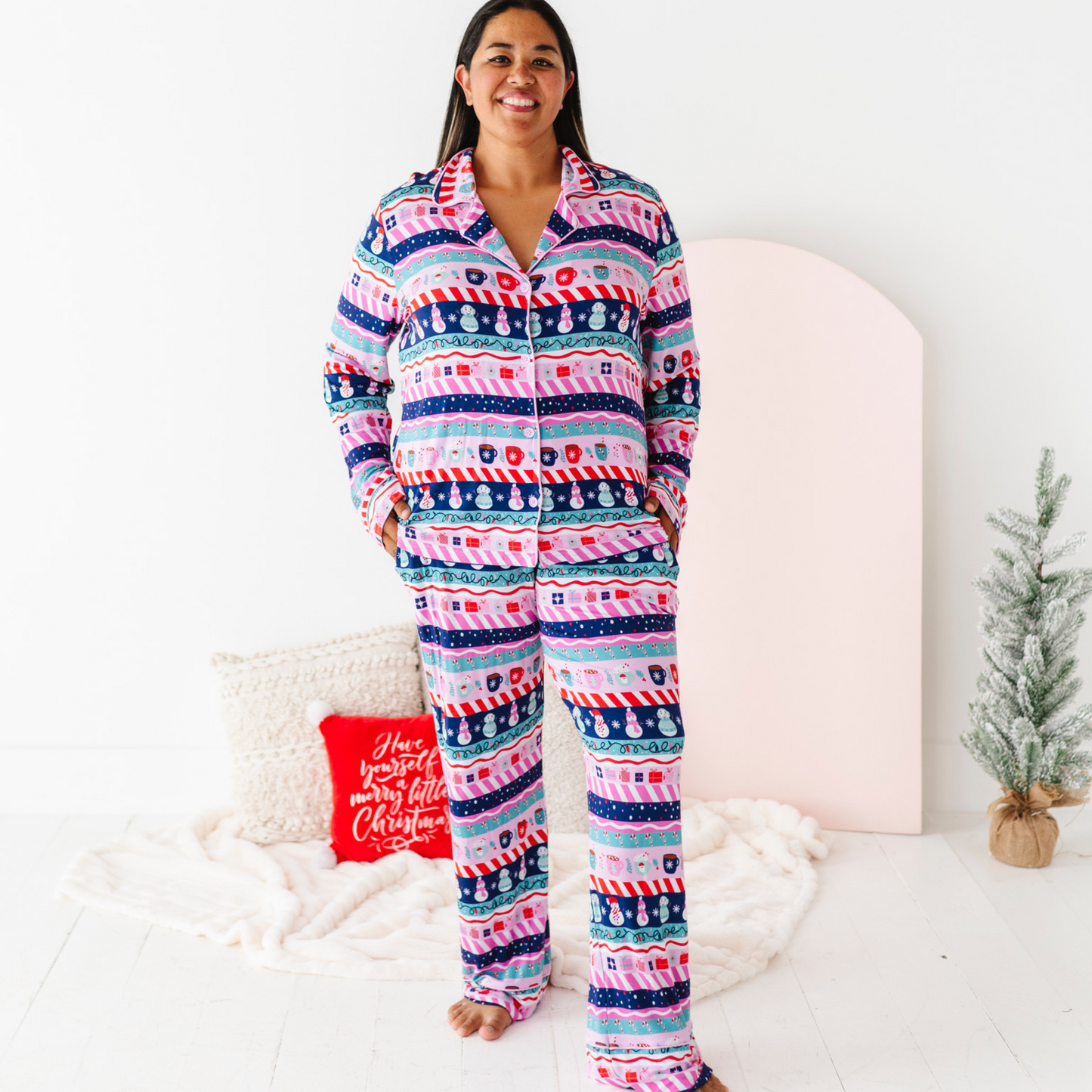 Woman in Pink Fair Isle Pajamas by Kiki and Lulu