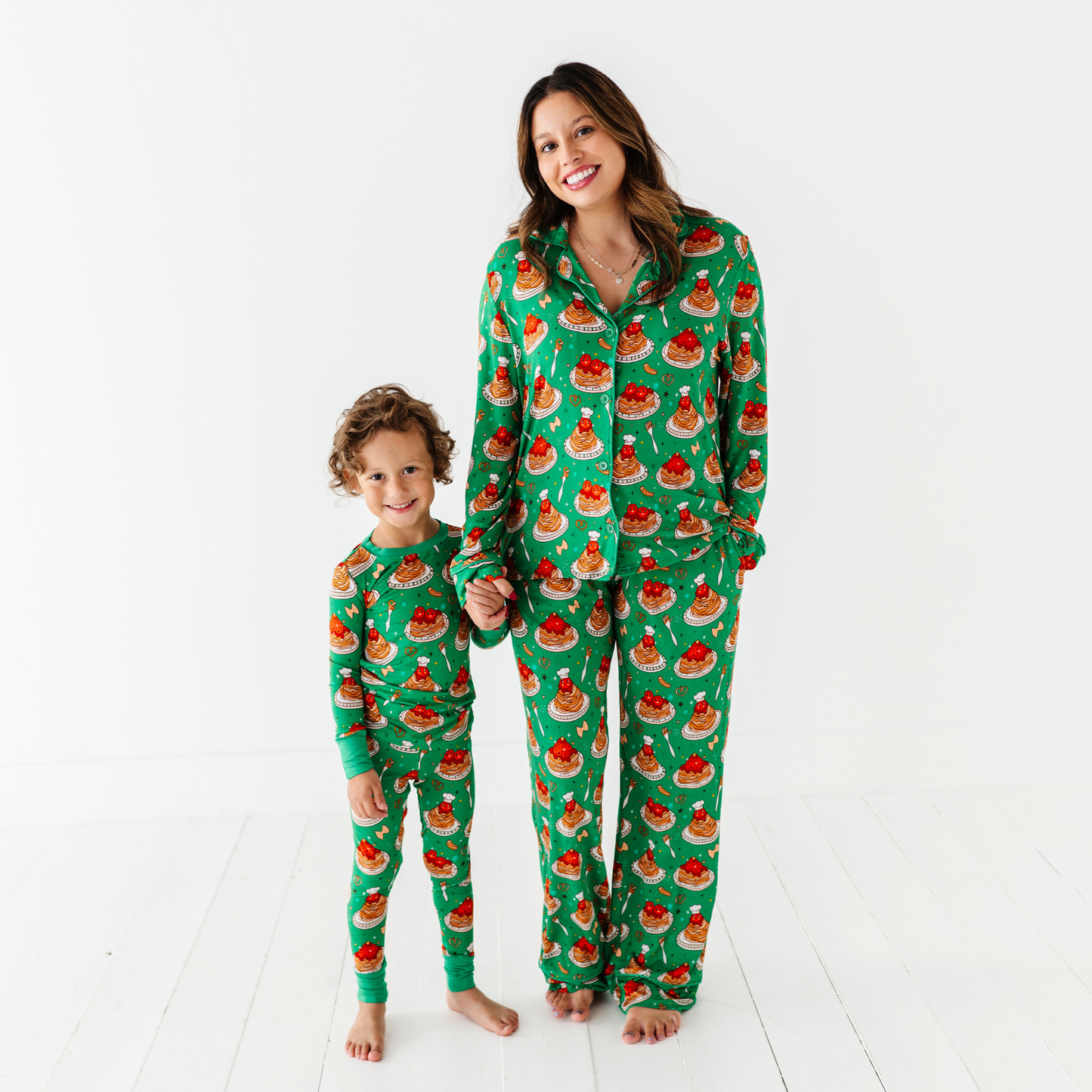 Mom wearing spaghetti pajamas by Kiki and Lulu