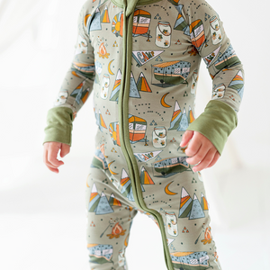 
                
                    Load image into Gallery viewer, Baby wearing convertible footies with camping print
                
            